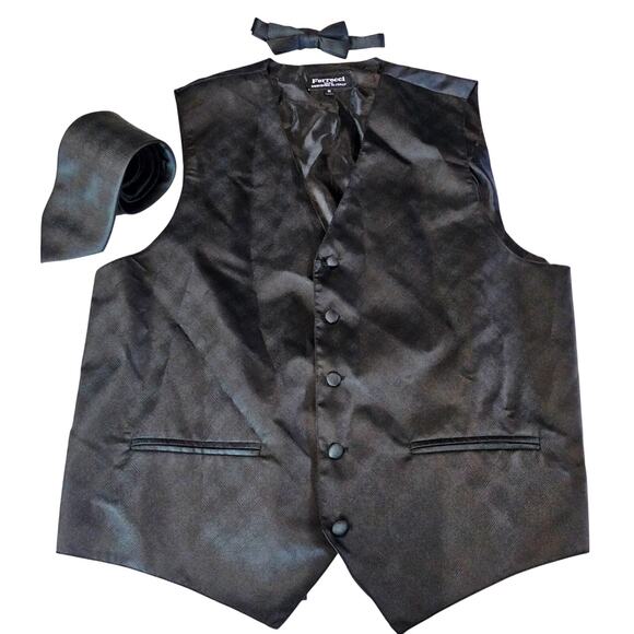 Ferrecci Uomo Mens Black Diamond Vest Tie Bowtie Set Size M 3716 - Picture 7 of 12